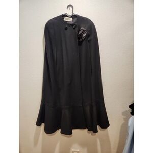 George Simonton Womens Black Ruffle Hem Cape Coat with Rosette Detail